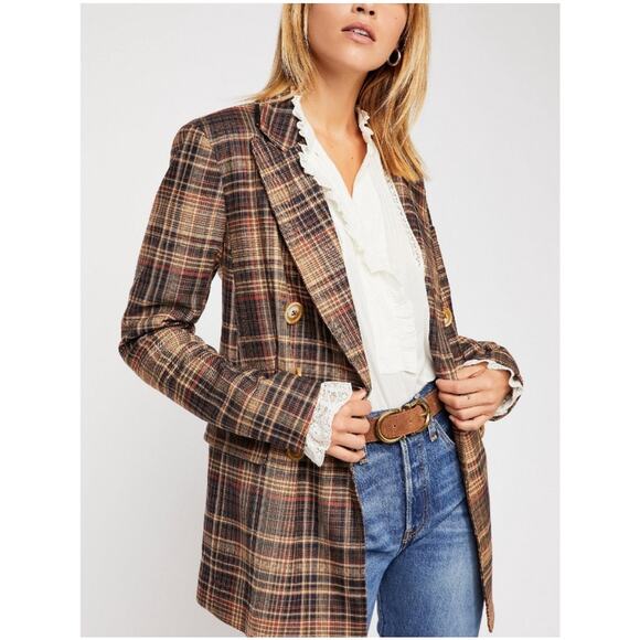 Free People Emily Plaid Blazer Jacket Small Preppy Academia Eclectic Grandpa - Picture 2 of 12
